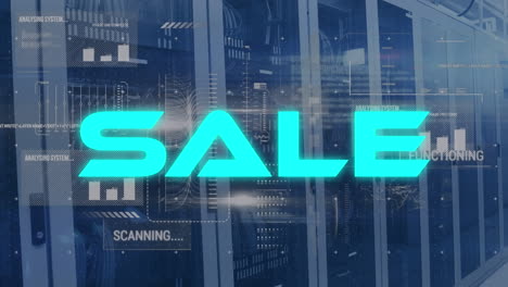 animation of sale text, graphs and computer language over data server racks in server room