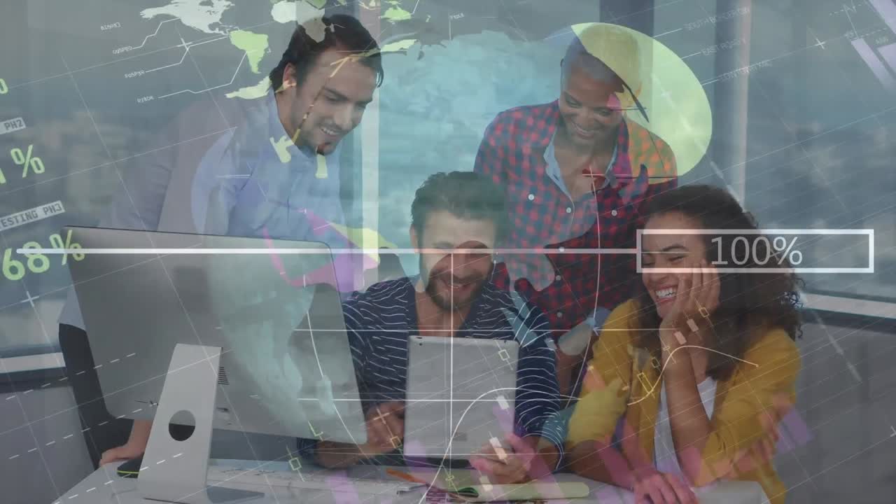 animación de datos financieros y gráficos sobre diversos empresarios que trabajan en la oficina