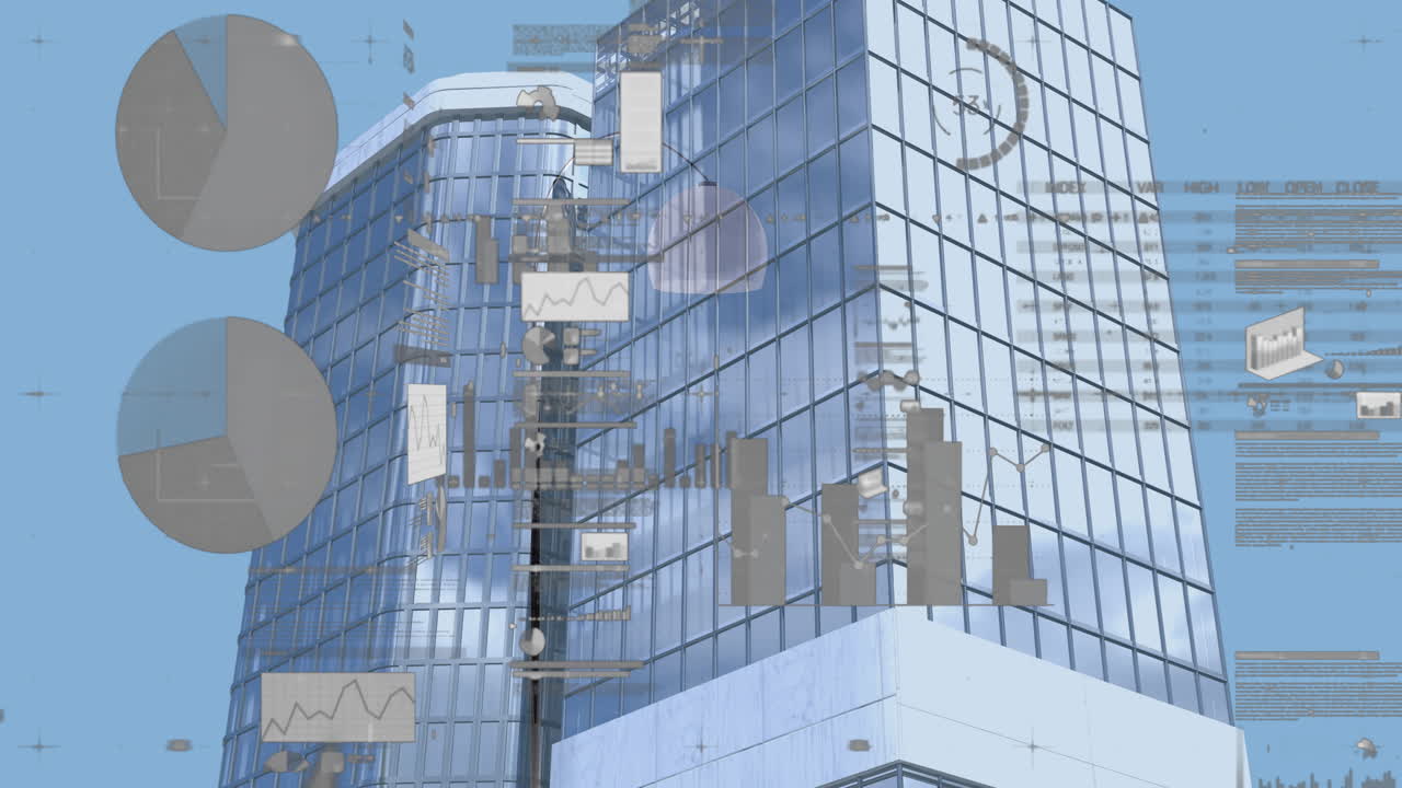 하늘을 는 건물 위에서 금융 데이터 처리의 애니메이션