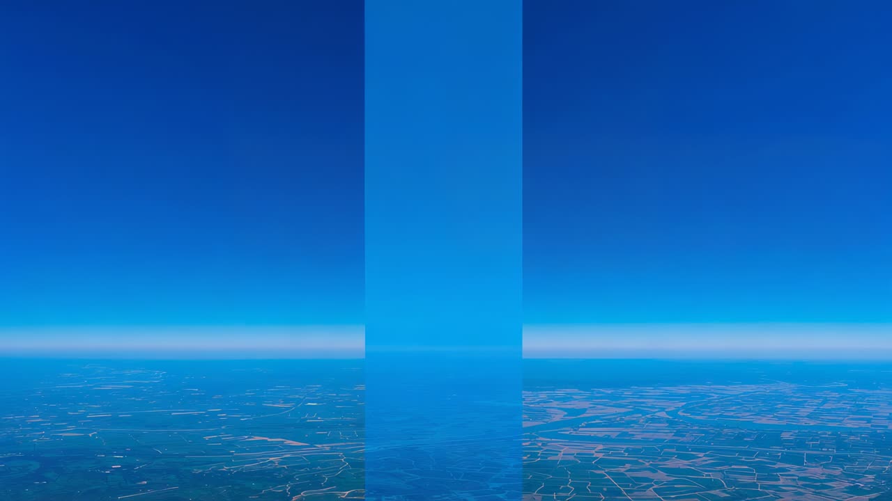 Narrow center strip appearing, center column revealing farmland detail from above with black grid