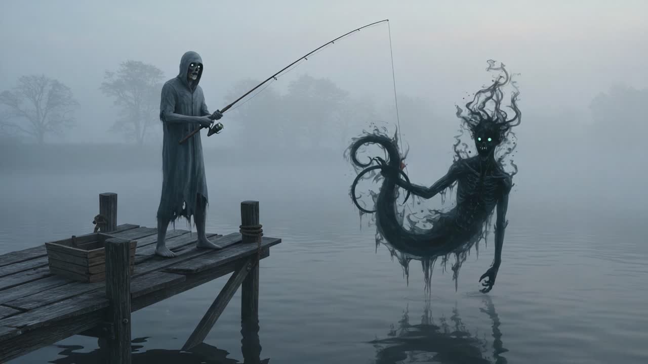 A Haunting Encounter: A Dark Fisherman Casts His Line in the Misty Waters, Where a Spectral Entity Emerges from the Depths, Blurring the Line Between Reality and Nightmares
