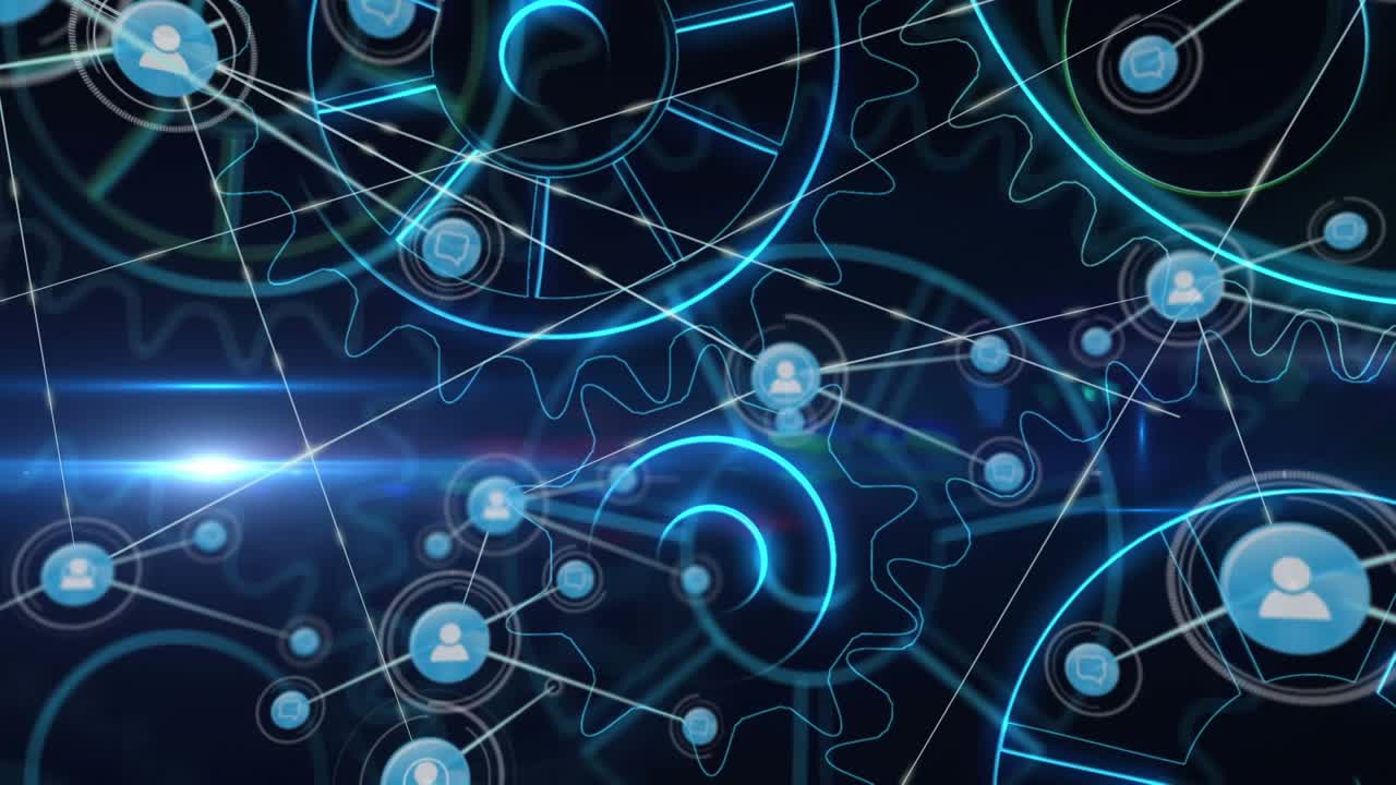Animation af netværk af forbindelser med ikoner og information og roterende scopes på sort baggrund