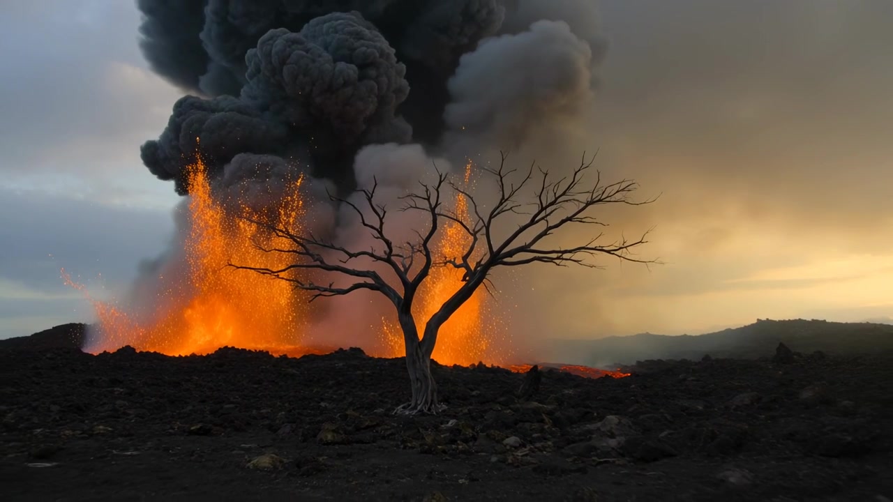 Un albero solitario e spoglio di fronte a una fessura eruttiva su un campo di lava, con lava che schizza e una colonna di cenere che sale.