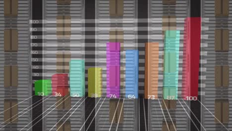 animation of statistics processing over cardboard boxes on conveyor belts