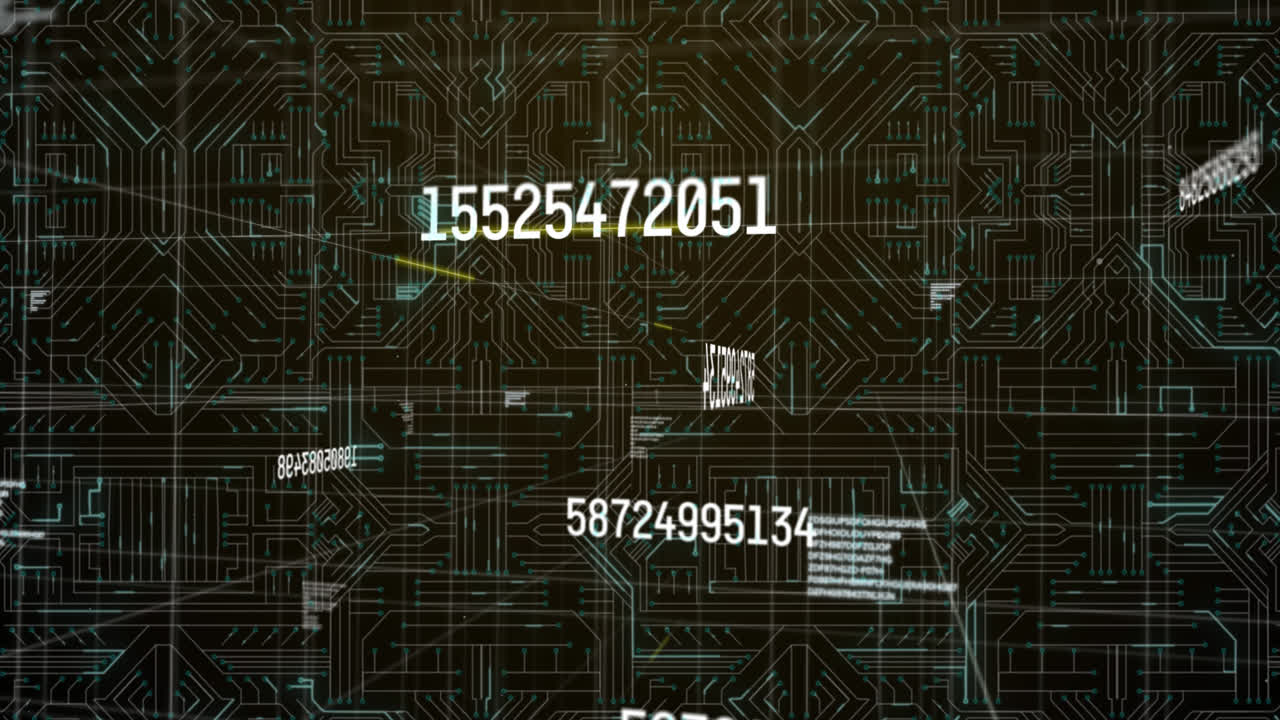 Multiple changing numbers and light trails moving over microprocessor connection on black background