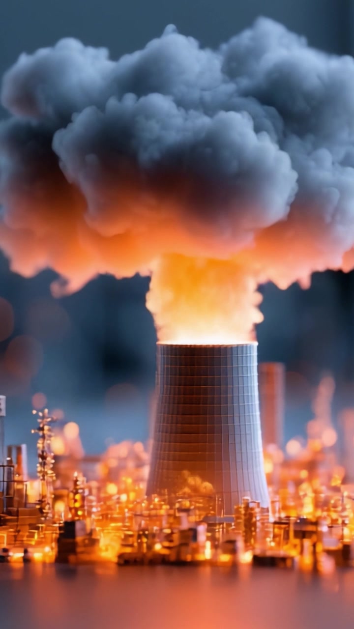 Una rappresentazione visiva drammatica di una centrale elettrica con nuvole voluminose ed emissioni infuocate, che cattura l'essenza della produzione di energia e dell'impatto ambientale.
