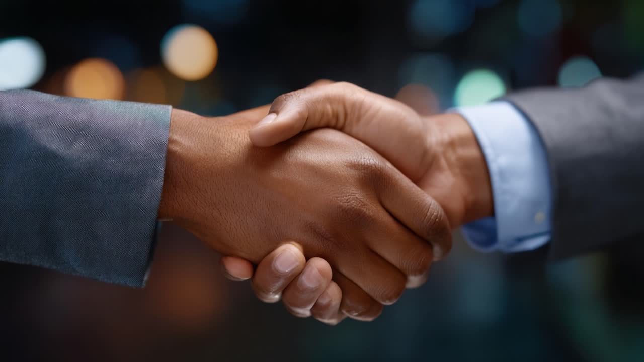 Two individuals engaging in a firm handshake, symbolizing agreement, partnership, and mutual respect in a well-lit, modern setting with a blurred background