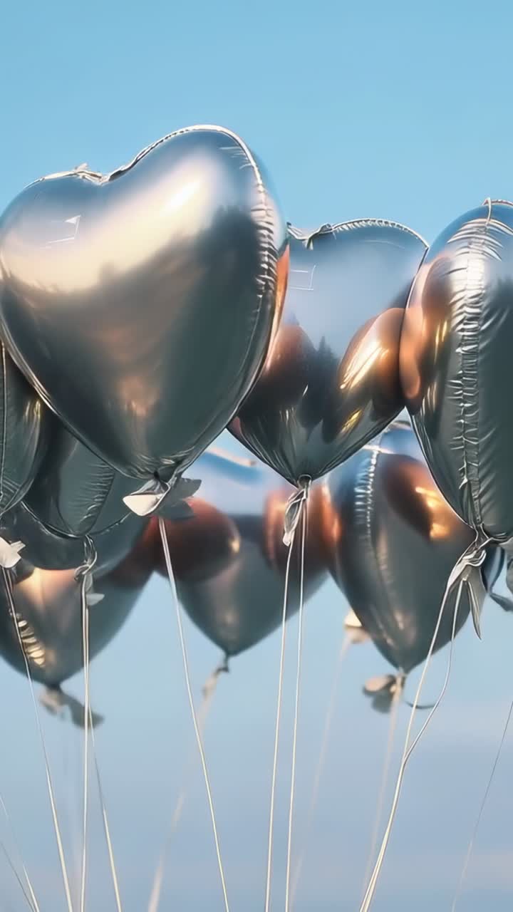Video verticale: palloncini a forma di cuore in lamina argentata che si alzano nel cielo aperto con fili, grazie all'elio