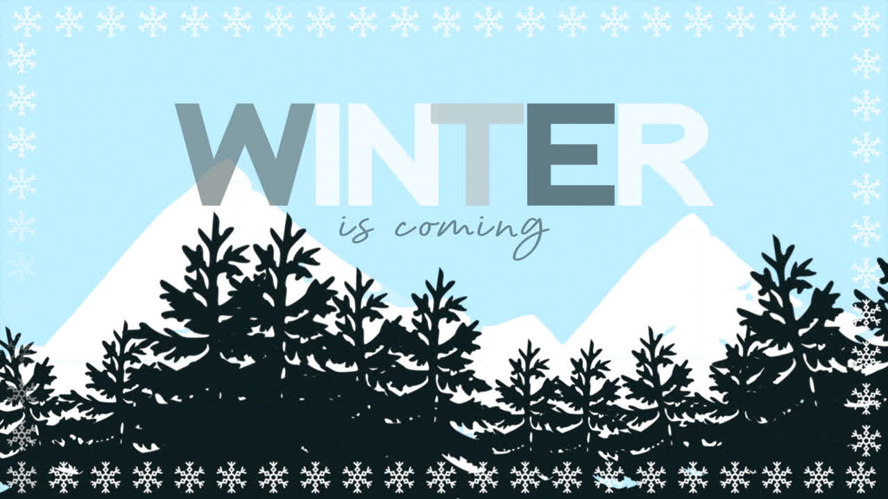 애니메이션 근접 촬영 겨울은 휴일 배경에 나무와 산이 있는 텍스트와 겨울 풍경이 다가오고 있습니다.