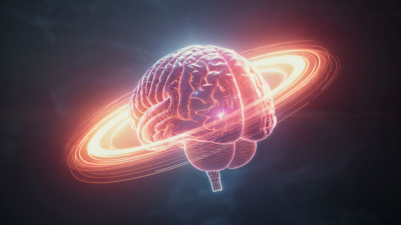 Glowing neon brain model starting orbiting energy ring spinning in dark void, rhythmic pulsing