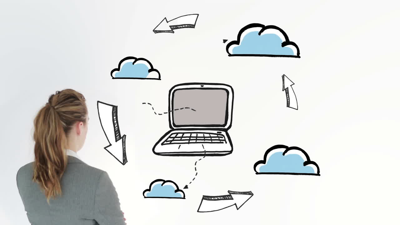 animación que muestra la computación en la nube y una mujer de negocios