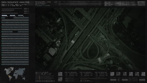 vista satelital hud futurista de la vigilancia del tráfico en cruces de autopistas ocupados que rastrean y monitorean el tráfico de la carretera para un posible vehículo objetivo
