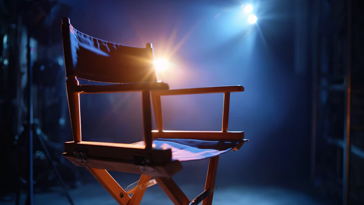 An Empty Director's Chair Illuminated by Dramatic Stage Lights, Symbolizing the Anticipation of Creativity and the Art of Filmmaking in a Dimly Lit Studio Environment