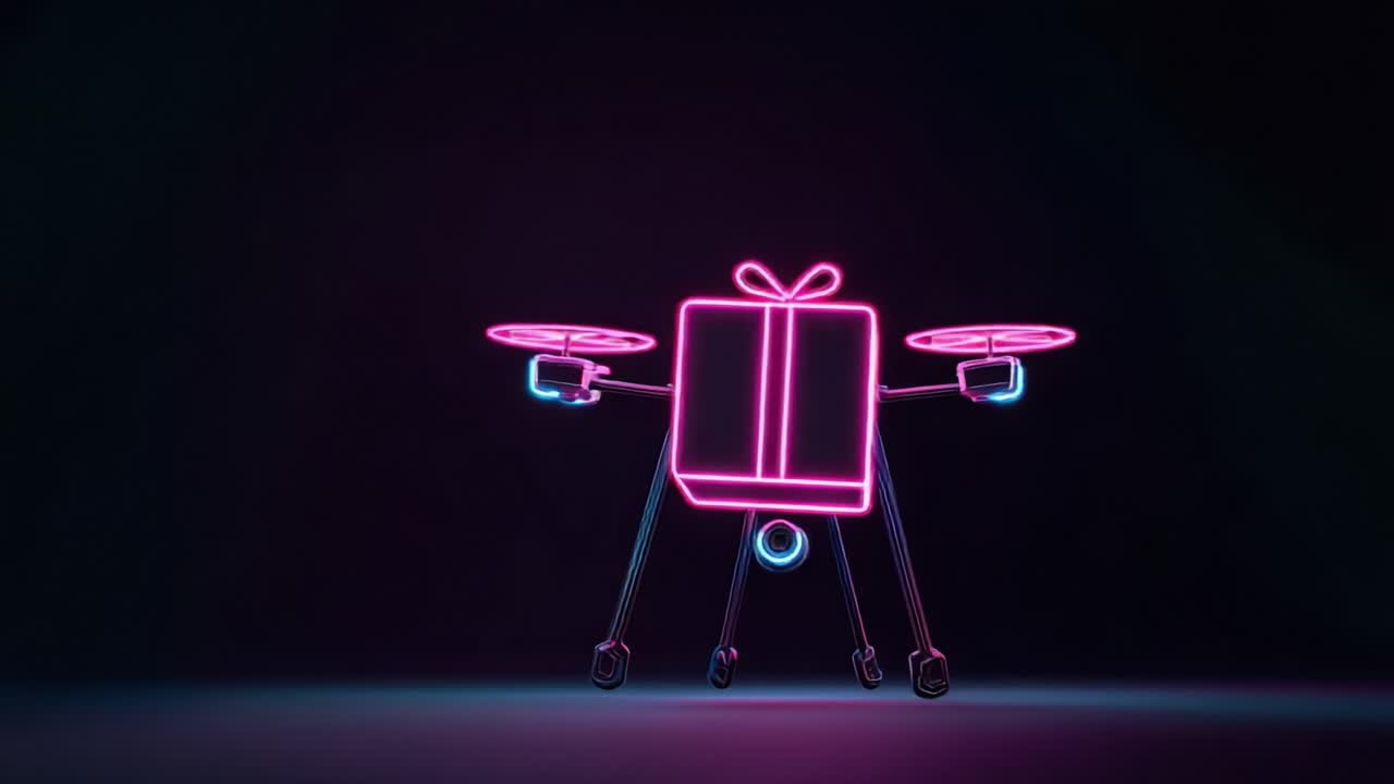 A vibrant and colorful neon drone designed to resemble a gift box, showcasing a unique fusion of technology and festive themes, perfect for modern celebrations and innovation in delivery