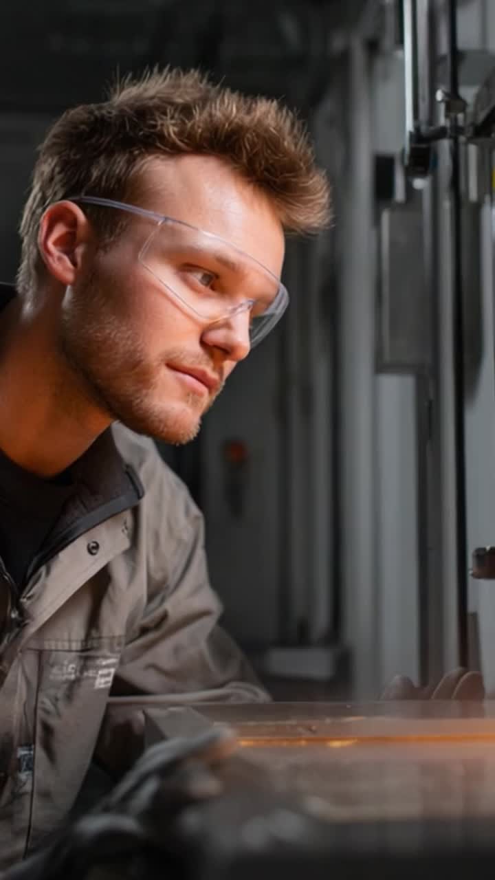 Focused Technician Analyzing Equipment with Protective Gear in a High-Tech Laboratory Environment, Demonstrating Precision and Attention to Detail in Work