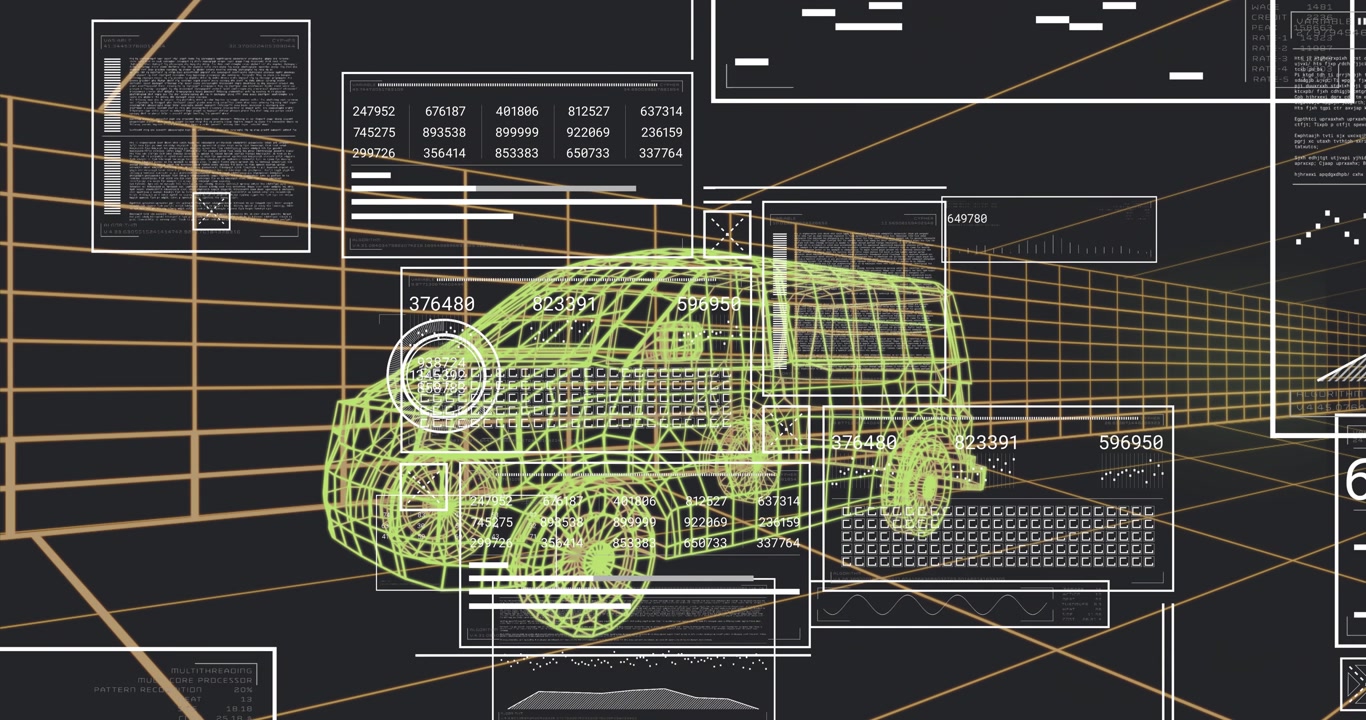 On start wireframe van receiving panels, updating codes and pulsing target graphic visualizing scan