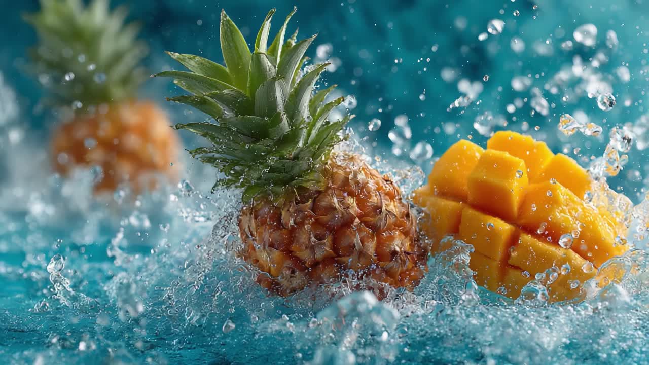 Vibrant Splash of Fresh Pineapple and Mango in Clear Water, Showcasing the Juicy Textures and Lush Colors of Tropical Fruits Interacting with Waves