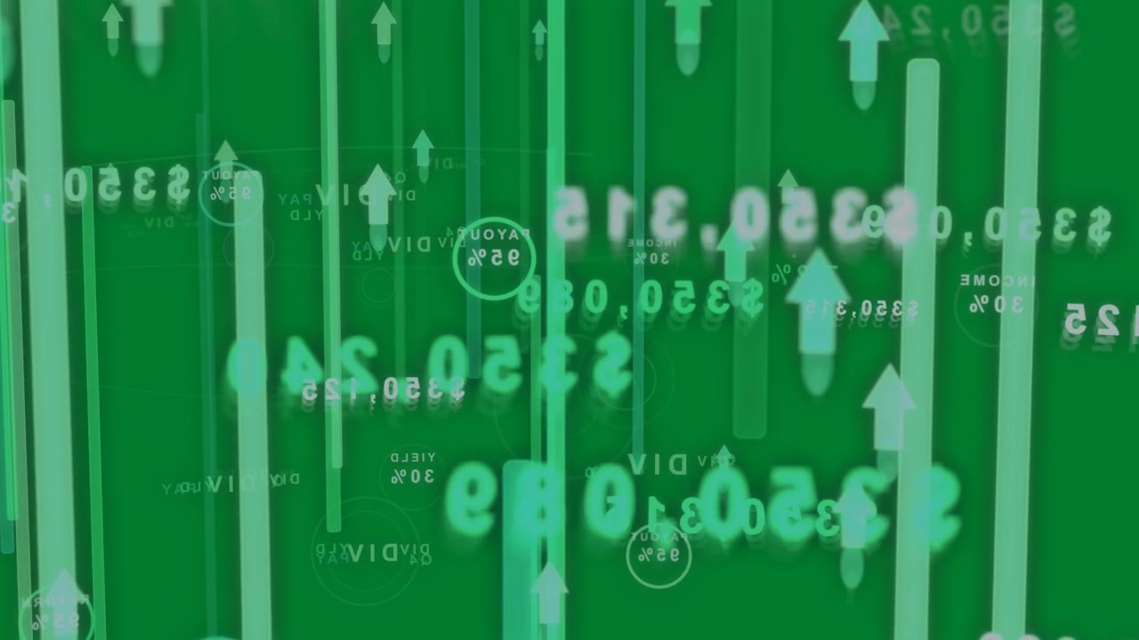 Visualizzazione dati 3D che si anima all'avvio, barre verdi che scendono e poi salgono, visualizzando la crescita.