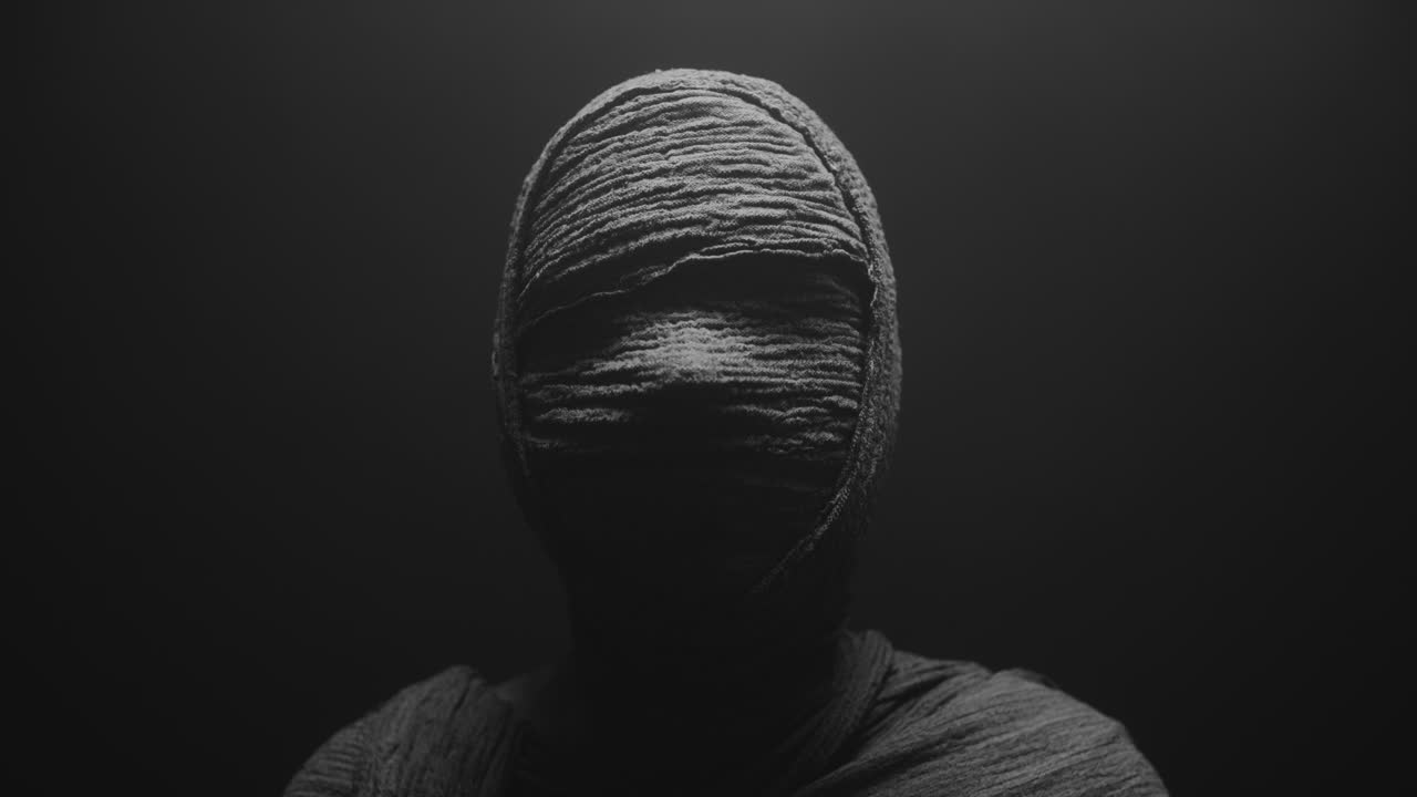 A mummy of a woman on a dark backdrop slowly rises her head