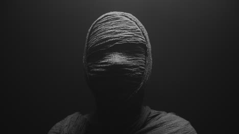a mummy of a woman on a dark backdrop slowly rises her head