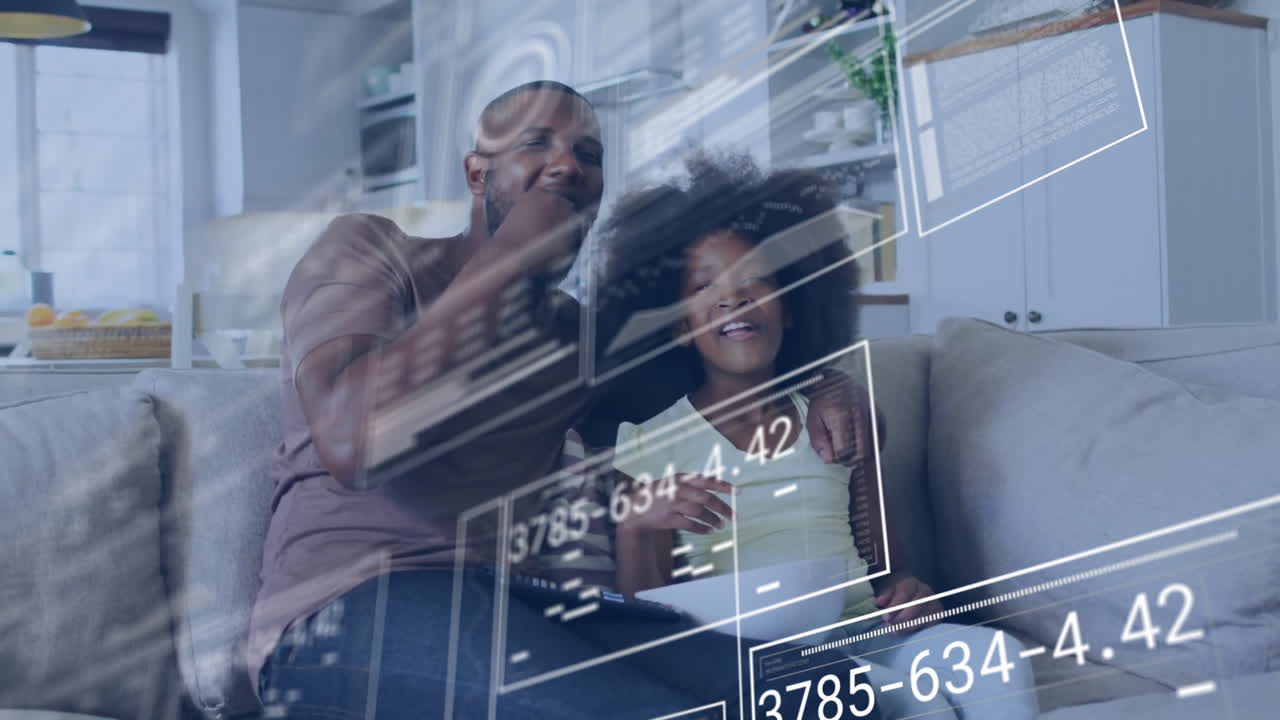 Animation of data processing over african american father and daughter watching tv
