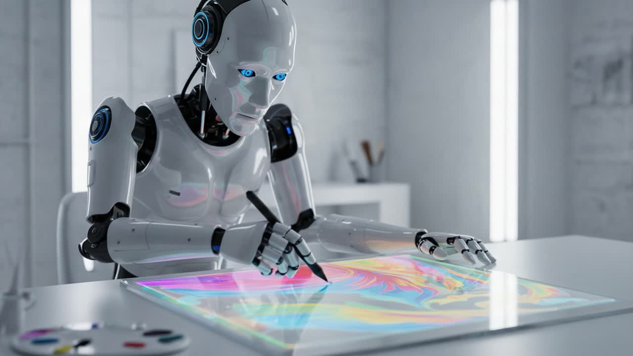 Un artista robotico futuristico che crea in modo creativo con una tela digitale vibrante, mostrando tecnologia avanzata e innovazione nel campo dell'arte e della creatività.