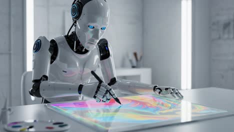 a futuristic robotic artist creatively interacting with a vibrant digital canvas, showcasing advanced technology and innovation in the realm of art and creativity