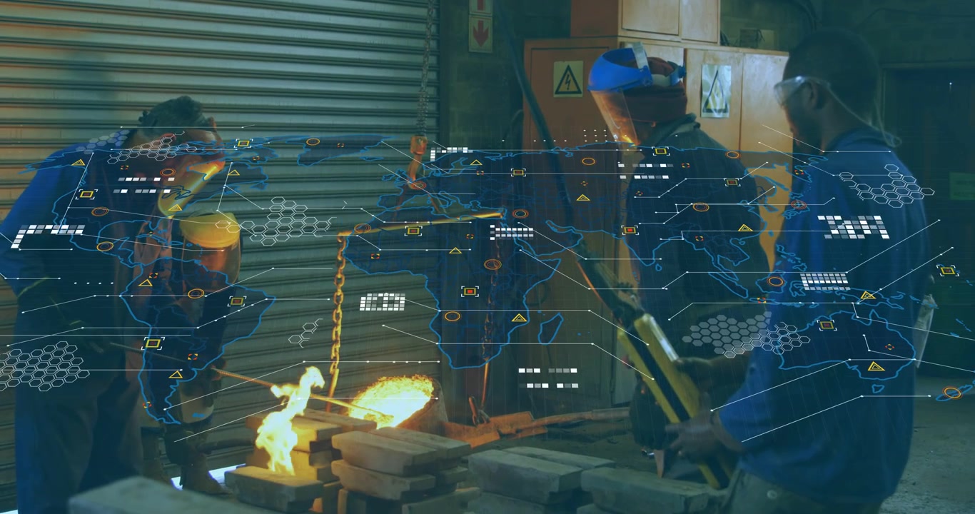 Foundry crew using remote guiding hoist pouring molten metal into molds to cast blue overlay rising