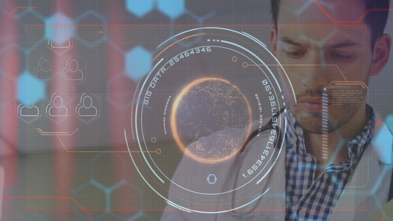 Animation of scope scanning, icons and data processing over caucasian male doctor