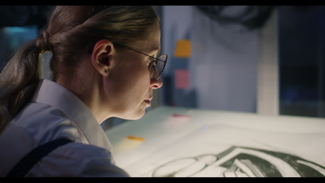 Woman working at a desk, focused on a project