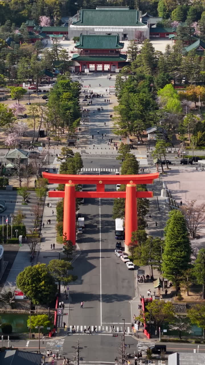Aerial drone view of the Heian Jingu Shrine in daylight in Kyoto, Japan
