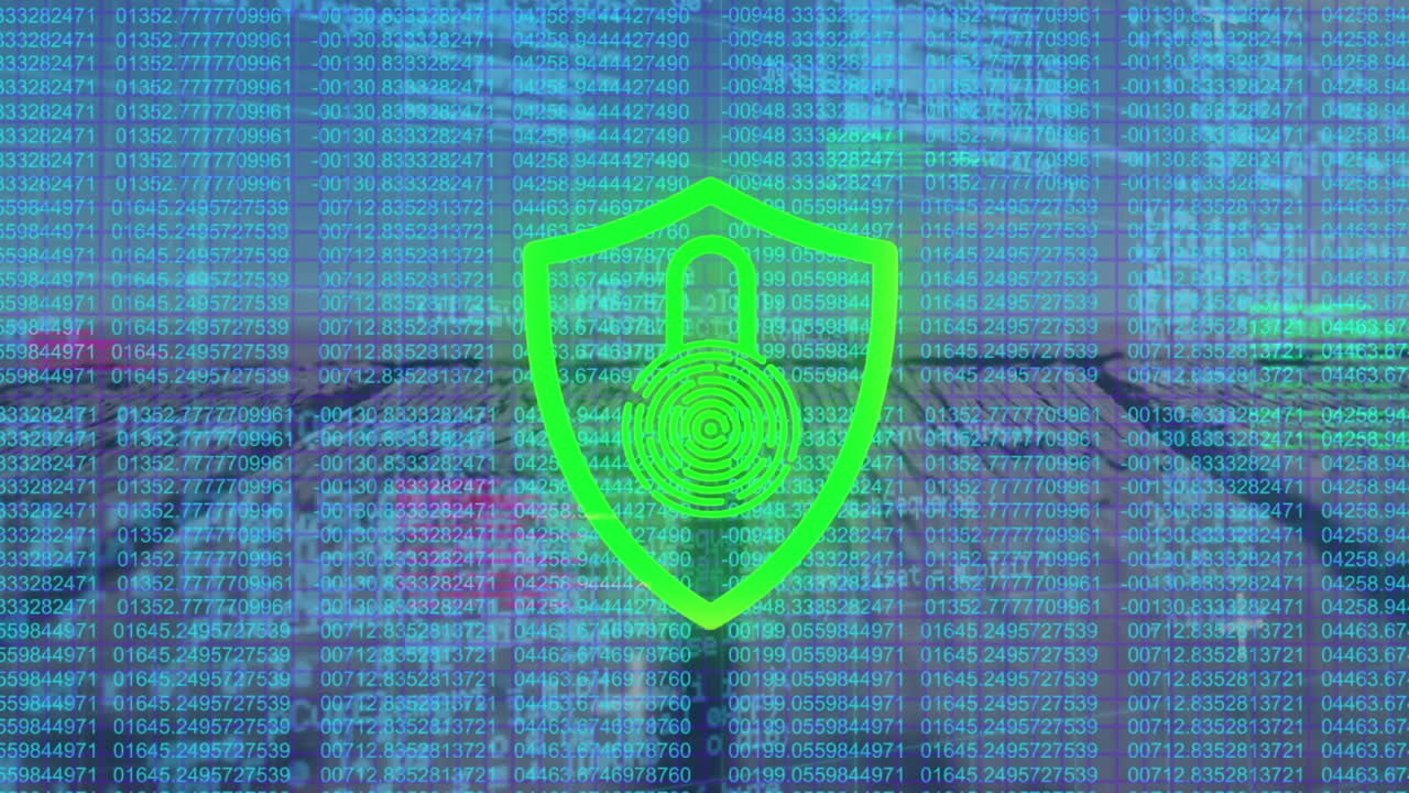animación del icono de candado de seguridad y procesamiento de datos contra un fondo azul