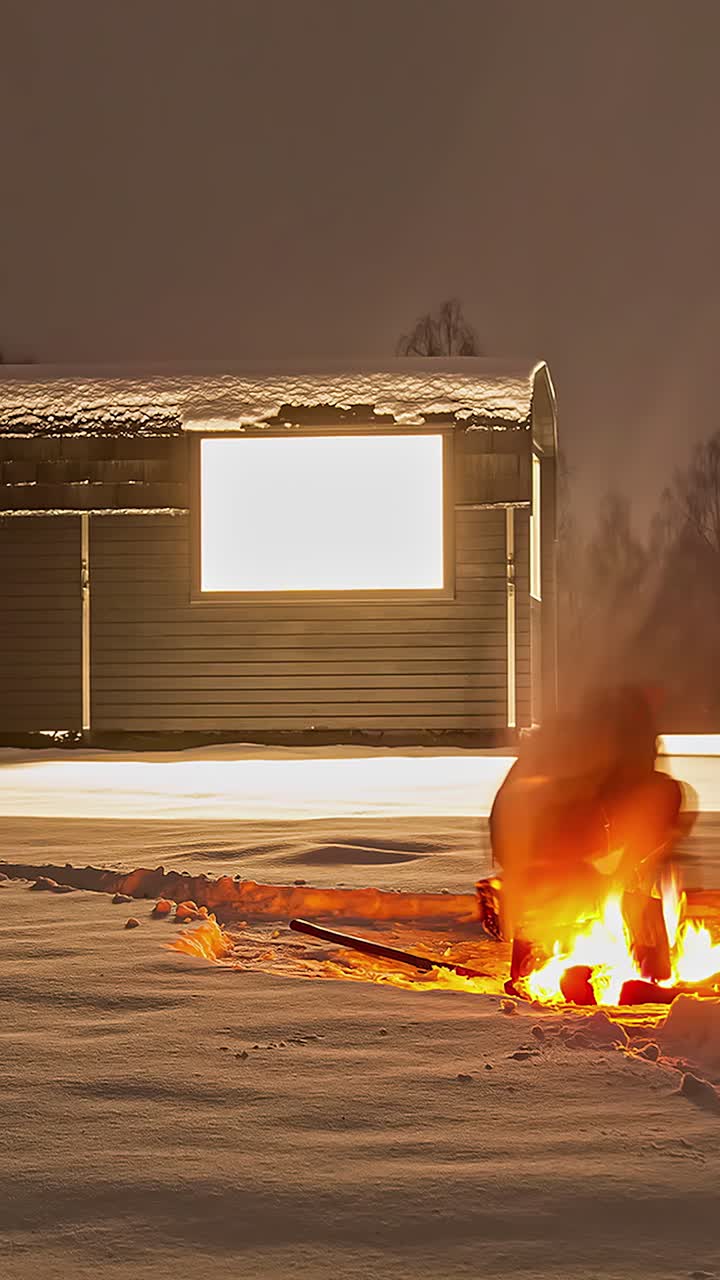 Friends adding logs to glowing fire as it dims, glowing embers remain in outdoor night scene