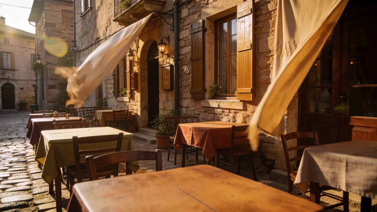Due pannelli di tessuto che ondeggiano nella brezza si sollevano attraverso una strada acciottolata, proiettando ombre su un tavolo di legno.