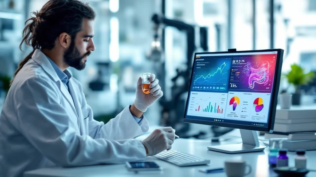 Medical researcher examining liquid sample while reviewing data on computer screen within sterile laboratory setting