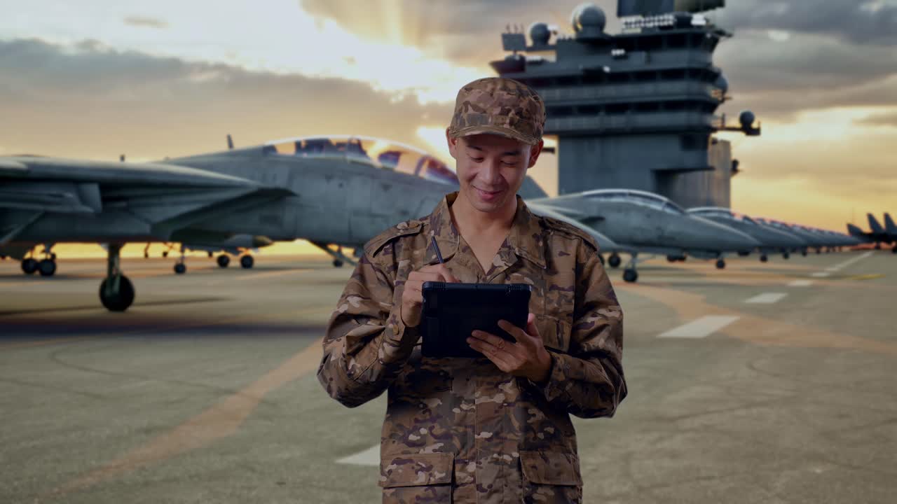 Military Personnel Working on Aircraft Carrier Deck at Sunset
