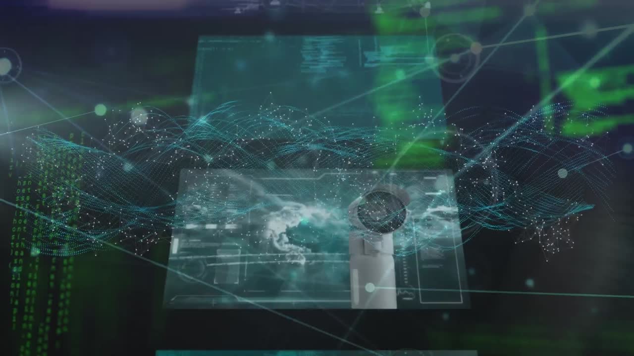 animación digital de la estructura del adn que gira sobre múltiples pantallas con procesamiento de datos