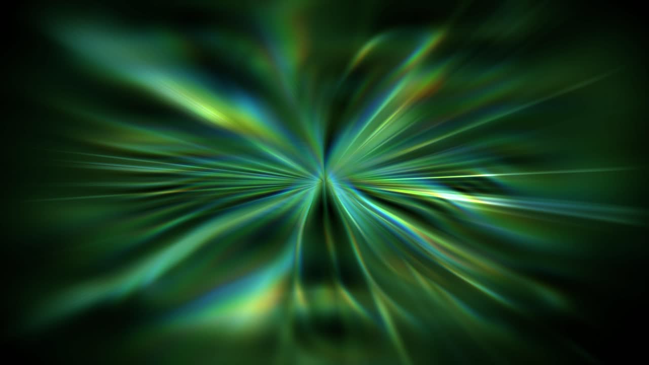 Animation of ethereal abstract visual featuring bursts of emerald green light rays radiating outwards in vibrant and iridescent display creating psychedelic effect