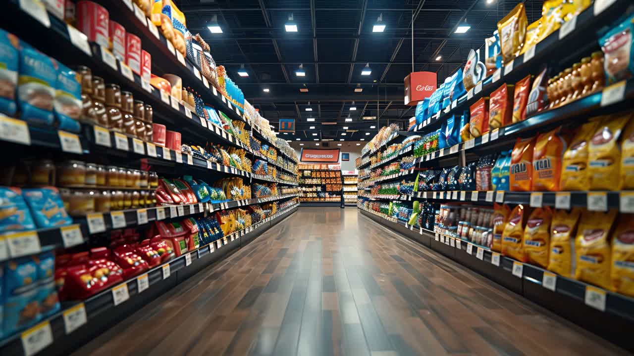Empty Aisle in a Modern Supermarket with Shelves Full of Products