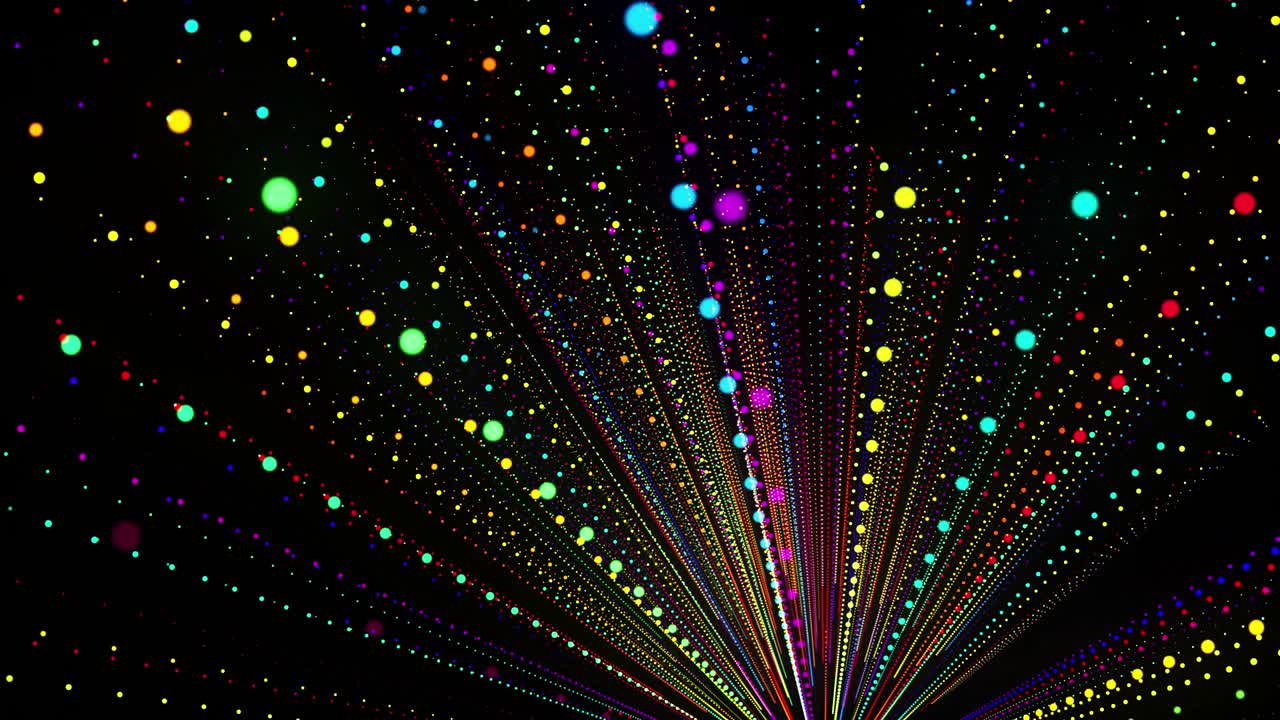 추상적인 3d 루프 배경은 빛나는 입자가 3d 공간에서 줄지어 서 있습니다. 다채로운 입자와 부드러운 애니메이션 카메라를 가진 축제 vj 루프.