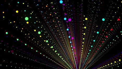 fondo de bucle 3d abstracto con partículas brillantes alineadas en una fila en el espacio 3d. bucle vj festivo con partículas multicolores y cámara animada suave. fondo de diseño de movimiento.