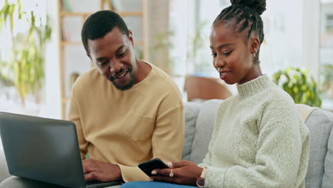 Black-couple-laugh,-tech-and-home-of-happy-young