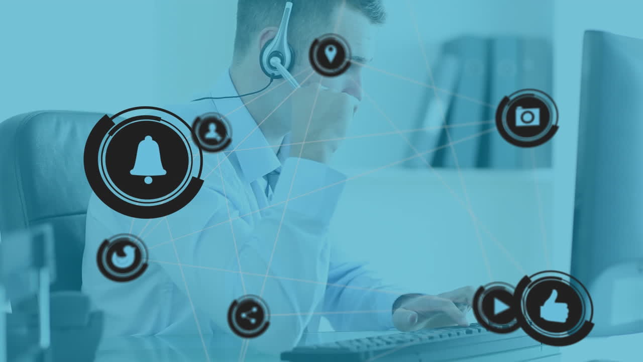 animación de la red de iconos digitales contra el hombre caucásico hablando en auriculares de teléfono en la oficina