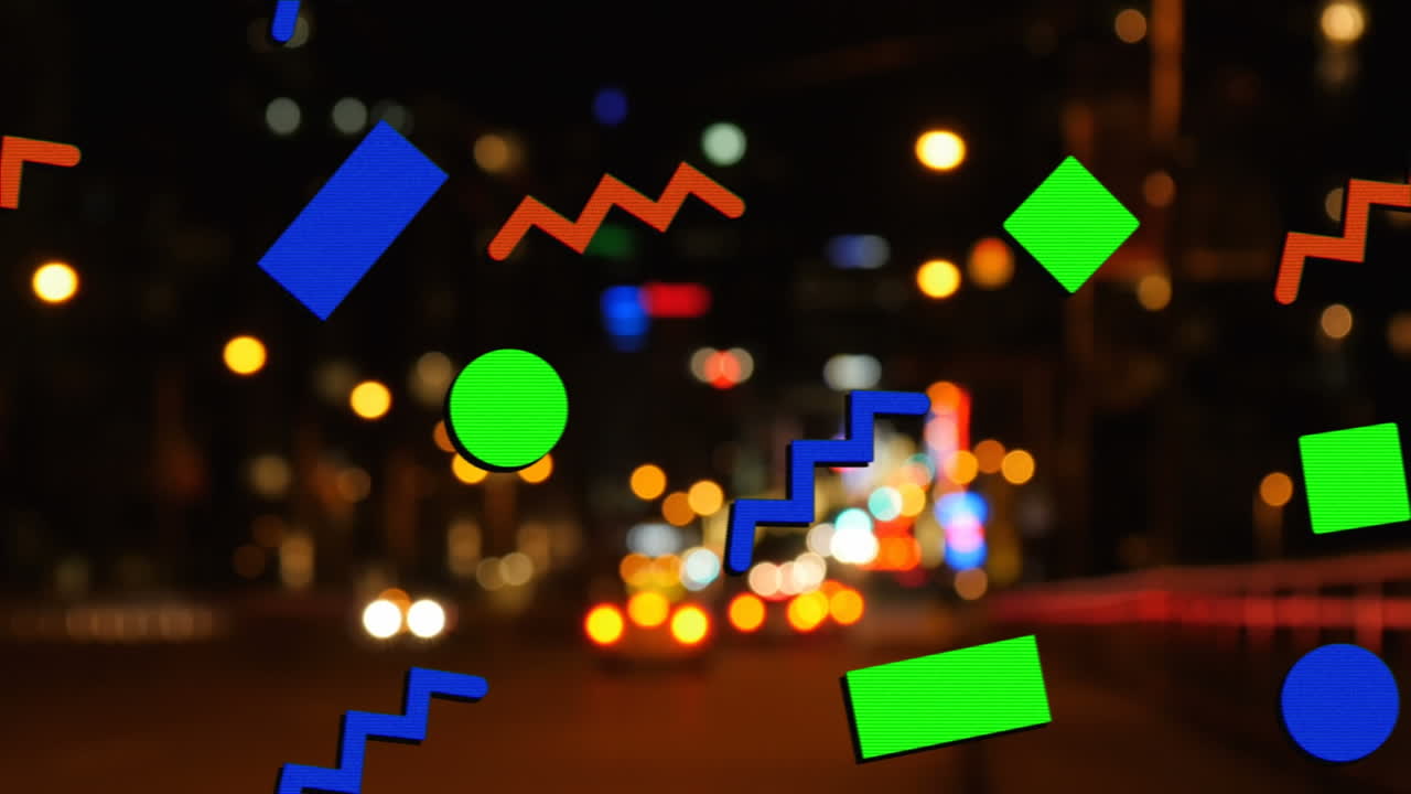 animación de diversas formas geométricas que se mueven sobre el paisaje urbano nocturno borroso