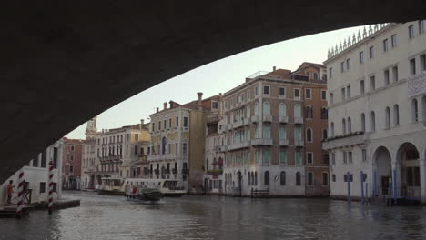 navegando a través del canal grande bajo el puente ponte di rialto en venecia, italia