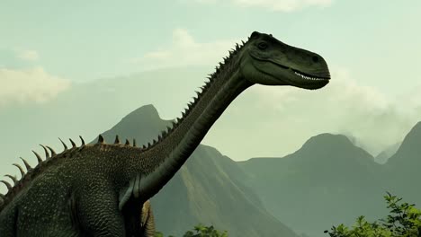 a large dinosaur stands in a jungle with mountains in the background