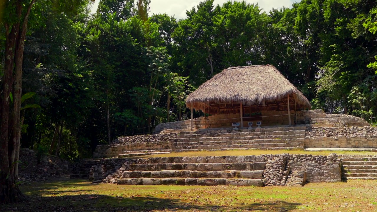 Carrellata in avanti che rivela l'antica Struttura Maya IV nel sito archeologico di Oxtankah, circondata da una fitta vegetazione della giungla. Le rovine storiche sono ben conservate sotto un tetto di paglia, mostrando antichi