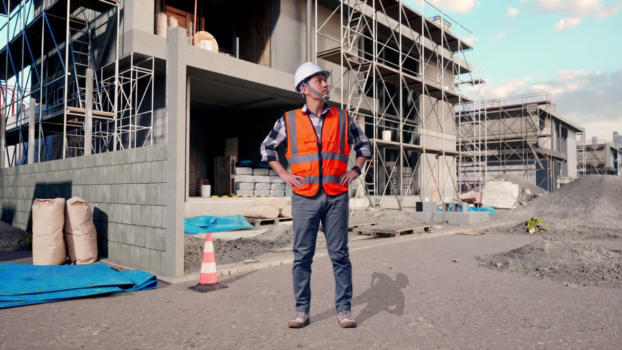 Full Body Of Asian Male Engineer Wearing Safety Helmet Looking Around While Standing With Arms Akimbo At Building & Construction Site in Progress to New House