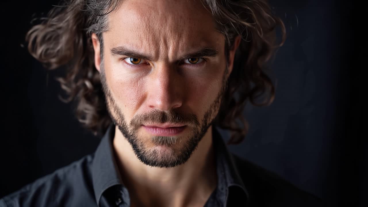 Intense Portrait of a Man with Long Hair and a Serious Expression, Highlighting Emotional Depth and Character in Dramatic Lighting Against a Dark Background