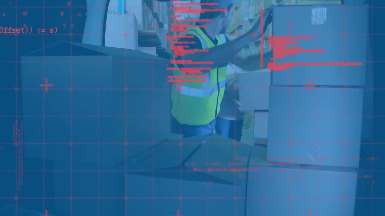 procesamiento de datos a través de la red contra el repartidor caucásico apilando cajas de entrega en su furgoneta